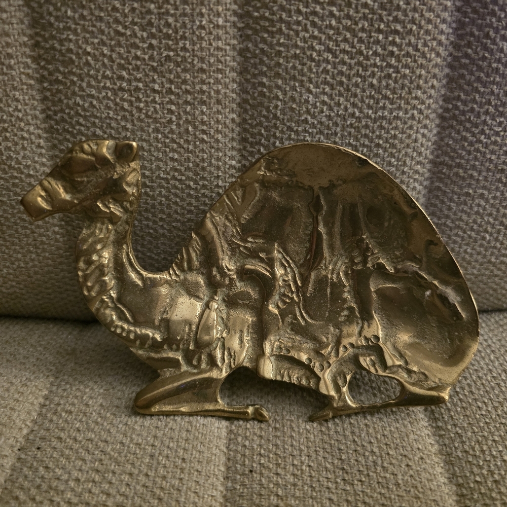 '50s Solid Brass Resting Camel Footed Tray Inscence TipTray Egyptian Mid Eastern